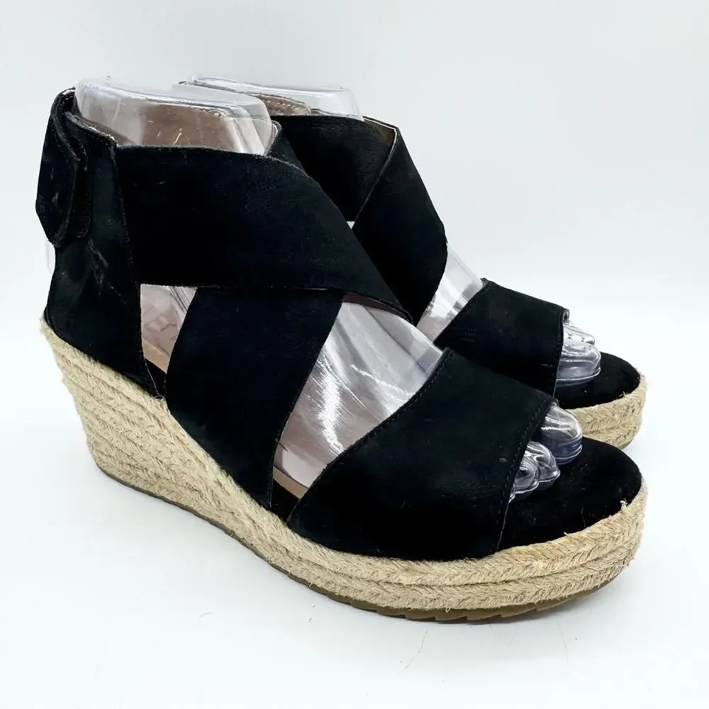 Soul Naturalizer Oshay Black Leather Espadrille Strappy Wedge Heel Sandal Size 6